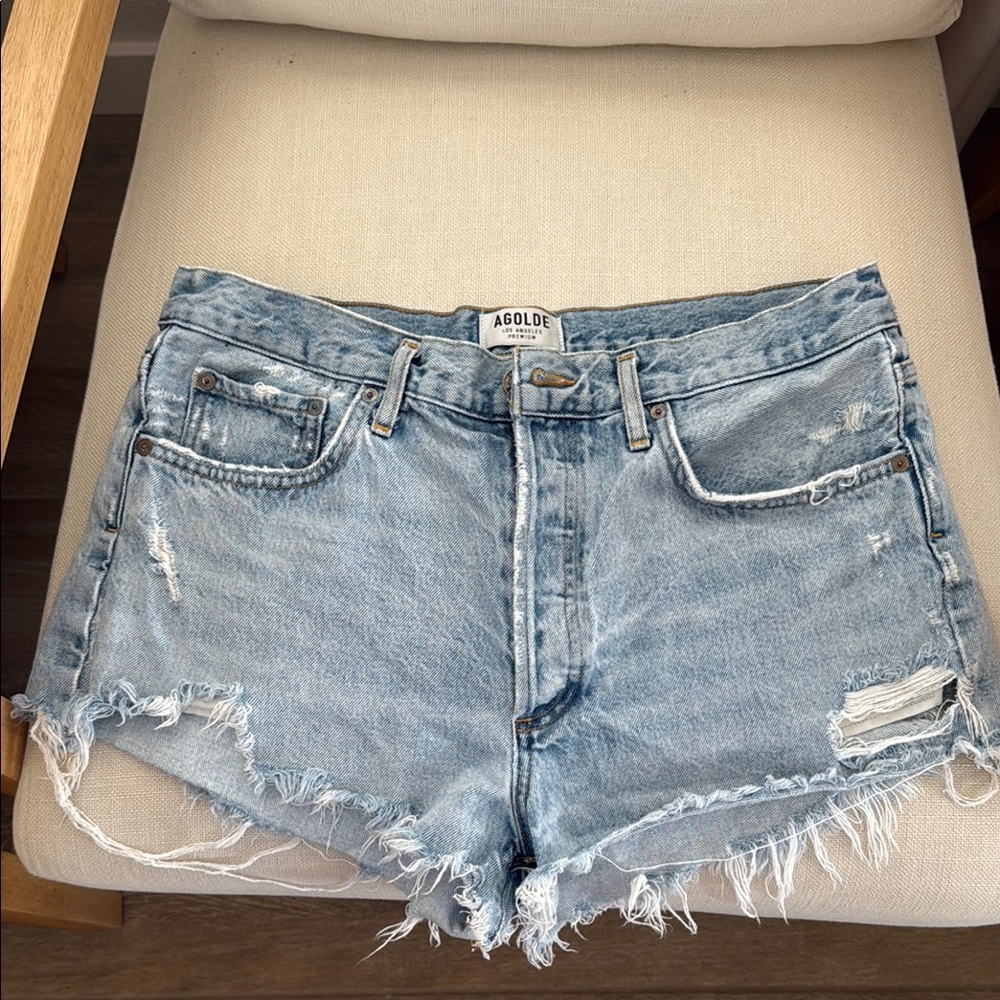 Agolde Blue Jean Shorts with Distressed Raw Hem